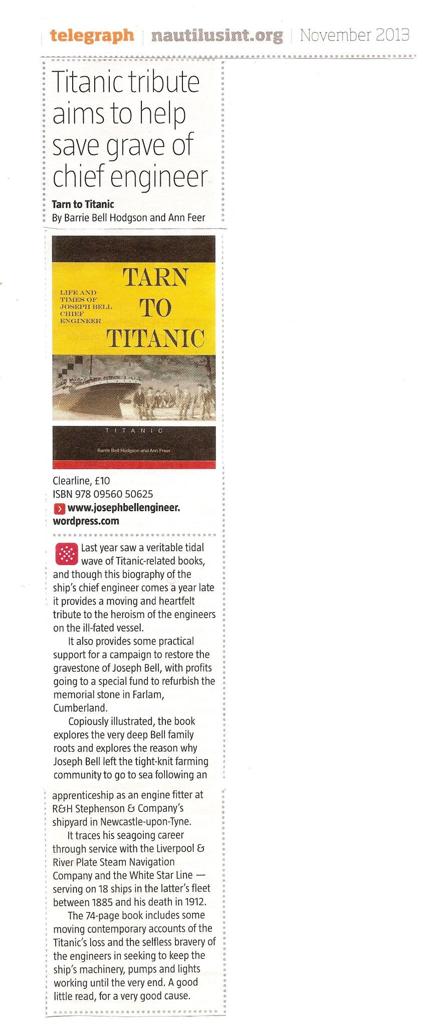 Tarn To Titanic Reviews And Notices Joseph Bell Chief Engineer On tarn-to-titanic-reviews-and-notices-joseph-bell-chief-engineer-on